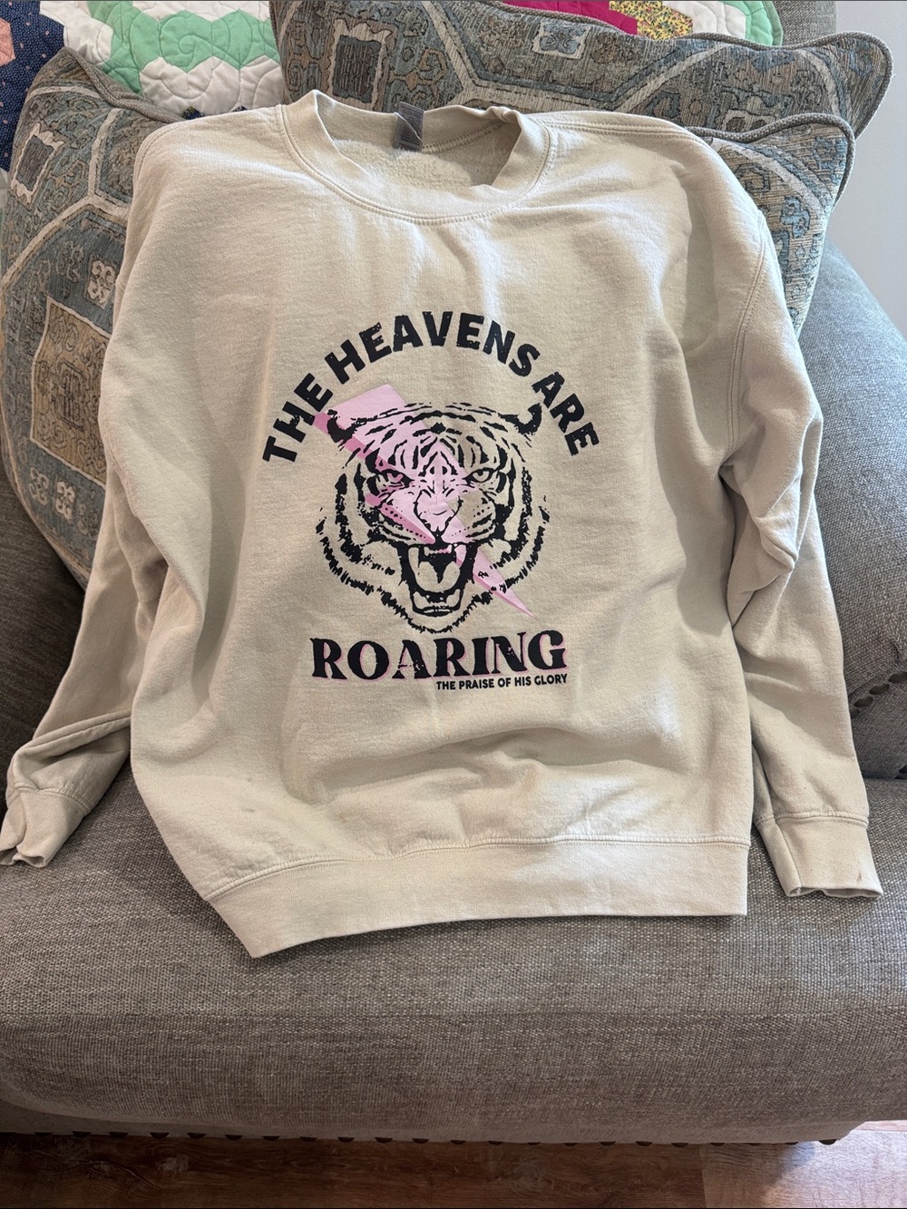 Graphic Tiger Crewneck Sweatshirt - Cream with Black & Pink Print